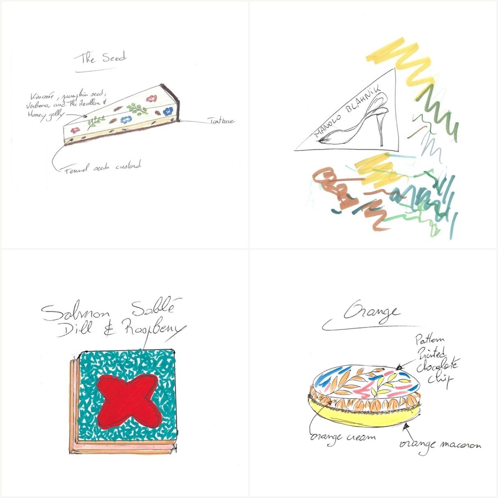 Jérôme Tauvron dish sketches — The Seed tart, Manolo Blahník collaboration, Salmon Sablé Dill Raspberry, Orange macaron
